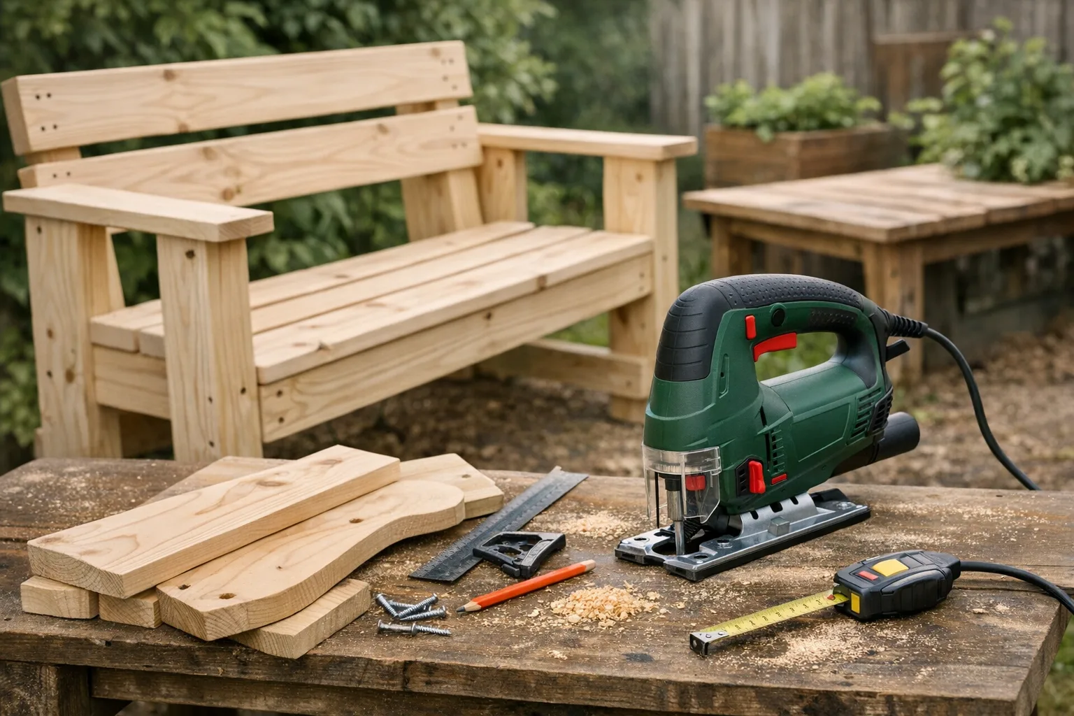 Do-it-yourself Gartenmoebel aus Holz mit der Stichsaege anfertigen